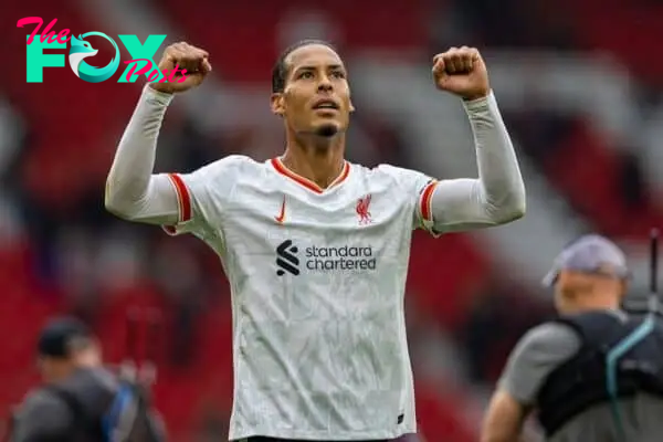 MANCHESTER, ENGLAND - Sunday, September 1, 2024: Liverpool's captain Virgil van Dijk celebrates after the FA Premier League match between Manchester United FC and Liverpool FC at Old Trafford. Liverpool won 3-0. (Photo by David Rawcliffe/Propaganda)