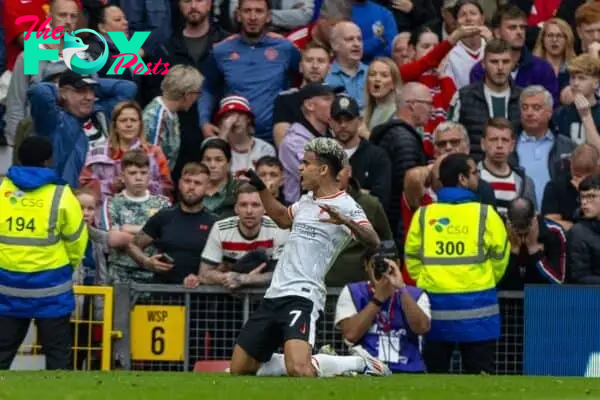 MANCHESTER, ENGLAND - Sunday, September 1, 2024: Liverpool's Luis Díaz celebrates after scoring the second goal during the FA Premier League match between Manchester United FC and Liverpool FC at Old Trafford. (Photo by David Rawcliffe/Propaganda)