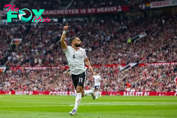 MANCHESTER, ENGLAND - Sunday, September 1, 2024: Liverpool's Mohamed Salah celebrates after scoring the third goal during the FA Premier League match between Manchester United FC and Liverpool FC at Old Trafford. (Photo by David Rawcliffe/Propaganda)