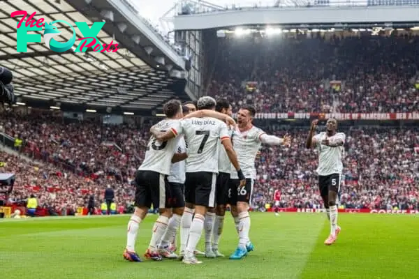 MANCHESTER, ENGLAND - Sunday, September 1, 2024: Liverpool's Mohamed Salah celebrates after scoring the third goal during the FA Premier League match between Manchester United FC and Liverpool FC at Old Trafford. (Photo by David Rawcliffe/Propaganda)