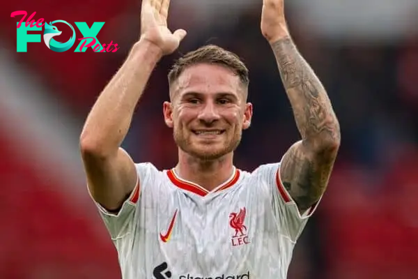 MANCHESTER, ENGLAND - Sunday, September 1, 2024: Liverpool's Alexis Mac Allister celebrates after the FA Premier League match between Manchester United FC and Liverpool FC at Old Trafford. Liverpool won 3-0. (Photo by David Rawcliffe/Propaganda)