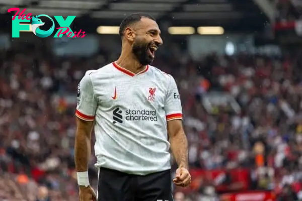 MANCHESTER, ENGLAND - Sunday, September 1, 2024: Liverpool's Mohamed Salah celebrates after scoring the third goal during the FA Premier League match between Manchester United FC and Liverpool FC at Old Trafford. (Photo by David Rawcliffe/Propaganda)