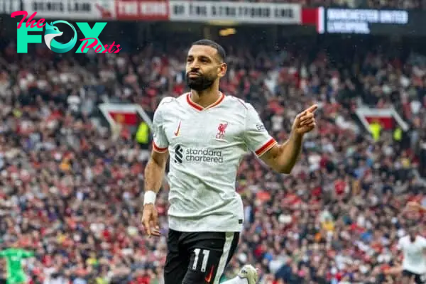 MANCHESTER, ENGLAND - Sunday, September 1, 2024: Liverpool's Mohamed Salah celebrates after scoring the third goal during the FA Premier League match between Manchester United FC and Liverpool FC at Old Trafford. (Photo by David Rawcliffe/Propaganda)