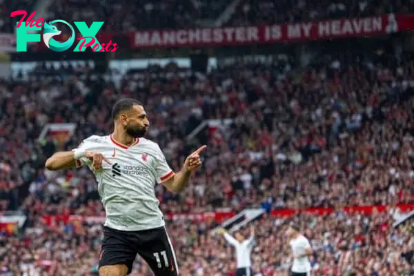 MANCHESTER, ENGLAND - Sunday, September 1, 2024: Liverpool's Mohamed Salah celebrates after scoring the third goal during the FA Premier League match between Manchester United FC and Liverpool FC at Old Trafford. Liverpool won 3-0. (Photo by David Rawcliffe/Propaganda)