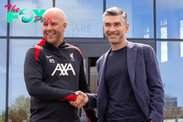 KIRKBY, ENGLAND - Friday, July 5, 2024: Liverpool's new head coach Arne Slot (L) and Sporting Director Richard Hughes (R) are presented at a photo call at the club's AXA Training Centre. (Photo by David Rawcliffe/Propaganda)