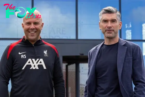 KIRKBY, ENGLAND - Friday, July 5, 2024: Liverpool's new head coach Arne Slott (L) and Sporting Director Richard Hughes are presented at a photo call at the club's AXA Training Centre. (Photo by David Rawcliffe/Propaganda)