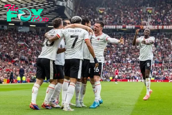 MANCHESTER, ENGLAND - Sunday, September 1, 2024: Liverpool's Mohamed Salah celebrates after scoring the third goal during the FA Premier League match between Manchester United FC and Liverpool FC at Old Trafford. (Photo by David Rawcliffe/Propaganda)