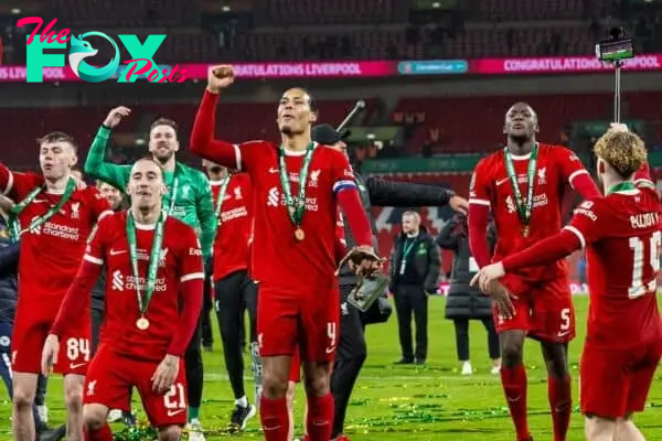 LONDON, ENGLAND - Sunday, February 25, 2024: Liverpool's Kostas Tsimikas celebrates after the Football League Cup Final match between Chelsea FC and Liverpool FC at Wembley Stadium. Liverpool won 1-0 after extra-time. (Photo by David Rawcliffe/Propaganda)