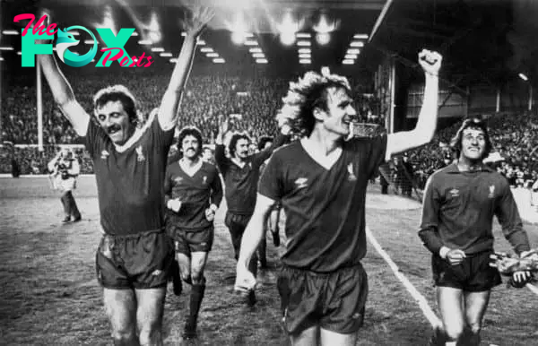 1979, Liverpool players perform a lap of honour after winning 3-0 to clinch the League Championship for the third time in four years: (l-r) Alan Kennedy, David Johnson, Terry McDermott, Phil Thompson, Ray Clemence (PA Photos/PA Archive/PA Images)