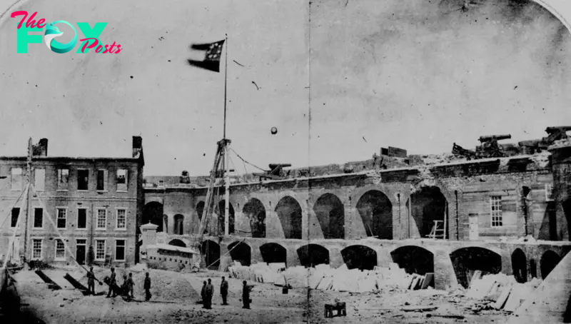 Confederate flag flying over Fort Sumter -- photo from 1861. Image is a detail from a stereoscopic photograph taken by Alma A. Pelot on the morning of April 15, 1861.