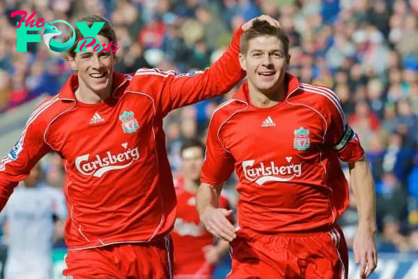 BOLTON, ENGLAND - Sunday, March 2, 2008: Liverpool's captain Steven Gerrard MBE celebrates scoring the opening goal against Bolton Wanderers with team-mate Fernando Torres during the Premiership match at the Reebok Stadium. (Photo by David Rawcliffe/Propaganda)