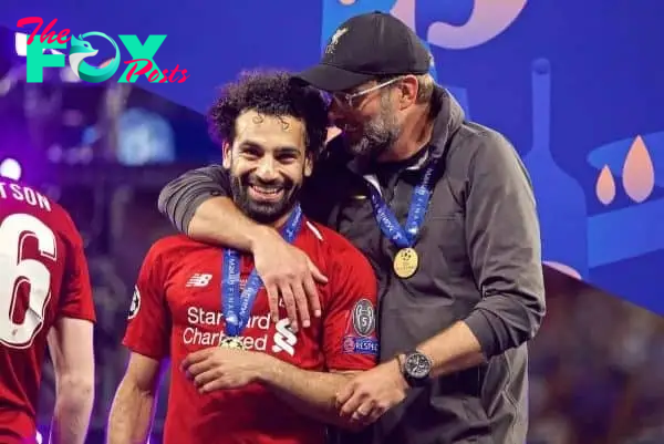 MADRID, SPAIN - SATURDAY, JUNE 1, 2019: Liverpool's manager Jürgen Klopp celebrates with Mohamed Salahafter the UEFA Champions League Final match between Tottenham Hotspur FC and Liverpool FC at the Estadio Metropolitano. Liverpool won 2-0 tp win their sixth European Cup. (Pic by David Rawcliffe/Propaganda)