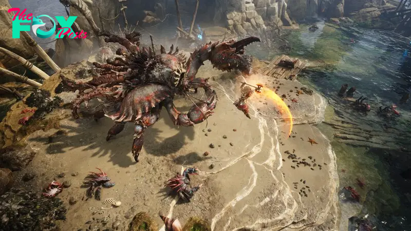 A battle against a giant crab in Titan Quest 2.