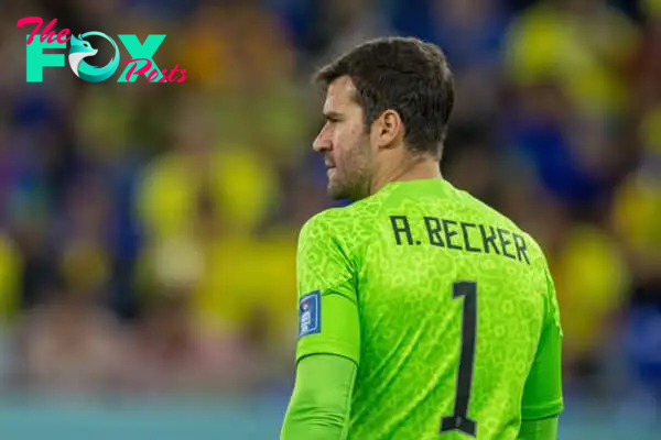 DOHA, QATAR - Monday, November 28, 2022: Brazil's goalkeeper Alisson Becker during the FIFA World Cup Qatar 2022 Group G match between Brazil and Switzerland at the Stadium 974. (Pic by David Rawcliffe/Propaganda)