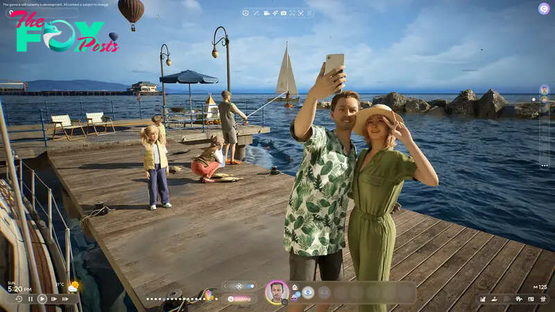 Several people taking selfies on a pier in InZOI.