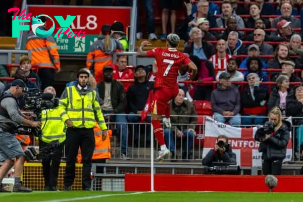 LIVERPOOL, ENGLAND - Sunday, August 25, 2024: Liverpool's Luis Díaz celebrates after scoring the first goal during the FA Premier League match between Liverpool FC and Brentford FC at Anfield. (Photo by David Rawcliffe/Propaganda)