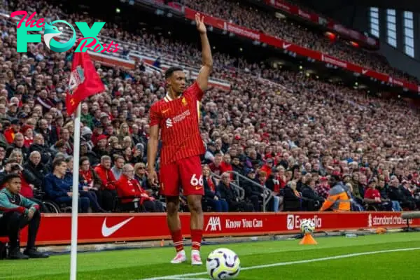 LIVERPOOL, ENGLAND - Sunday, August 25, 2024: Liverpool's Trent Alexander-Arnold takes a corner-kick during the FA Premier League match between Liverpool FC and Brentford FC at Anfield. (Photo by David Rawcliffe/Propaganda)