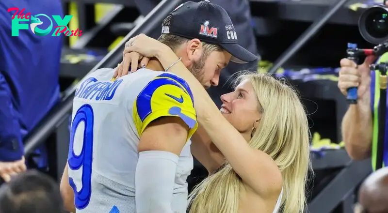 Matthew and Kelly Stafford celebrating super bowl win