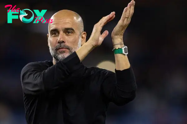 BURNLEY, ENGLAND - Friday, August 11, 2023: Manchester City's manager Josep 'Pep' Guardiola celebrates after the FA Premier League match between Burnley FC and Manchester City FC at Turf Moor. Man City won 3-0. (Pic by David Rawcliffe/Propaganda)