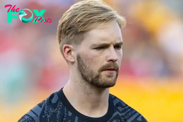 PITTSBURGH - Friday, July 26, 2024: Liverpool's goalkeeper Caoimhin Kelleher lines-up before a pre-season friendly match between Liverpool and Real Betis Balompié at the Acrisure Stadium on day three of the club's pre-season tour of the USA. Liverpool won 1-0. (Photo by David Rawcliffe/Propaganda)