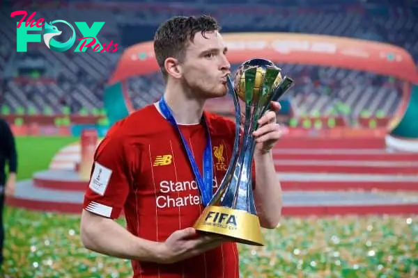 DOHA, QATAR - Saturday, December 21, 2019: Liverpool's Andy Robertson kisss the trophy after the FIFA Club World Cup Qatar 2019 Final match between CR Flamengo and Liverpool FC at the Khalifa Stadium. Liverpool won 1-0 after extra time. (Pic by David Rawcliffe/Propaganda)