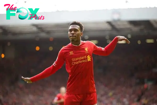 LIVERPOOL, ENGLAND - Saturday, October 5, 2013: Liverpool's Daniel Sturridge celebrates scoring the second goal against Crystal Palace during the Premiership match at Anfield. (Pic by David Rawcliffe/Propaganda)