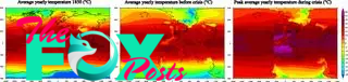 The left and middle panels show cooler temperatures, and the right panel shows extremely warm temperatures around the world