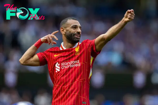 IPSWICH, ENGLAND - Saturday, August 17, 2024: Liverpool's Mohamed Salah celebrates after scoring the second goal during the FA Premier League match between Ipswich Town FC and Liverpool FC at Portman Road. (Photo by David Rawcliffe/Propaganda)