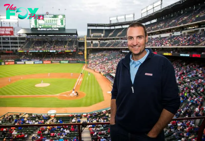 Former MLB pitcher Chris Young sits in a suite during the first inning of an MLB game between the Texas Rangers and the Los Angeles Angels on Tuesday, April 16, 2019 at Globe Life Park in Arlington. (Ashley Landis/The Dallas Morning News)