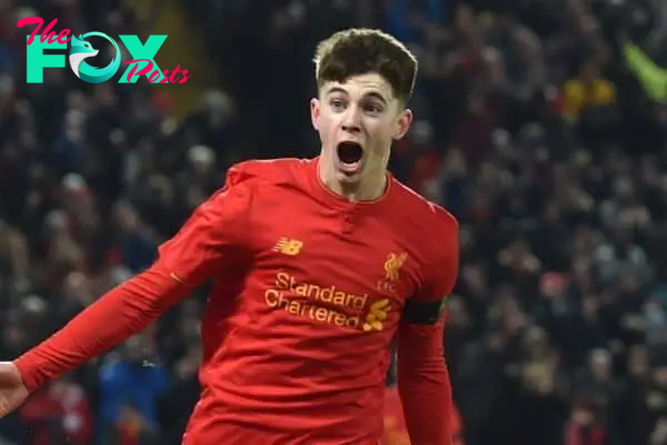 LIVERPOOL, ENGLAND - Tuesday, November 29, 2016: Liverpool's Ben Woodburn celebrates scoring the second goal against Leeds United, to become the club's youngest ever goal-scorer, during the Football League Cup Quarter-Final match at Anfield. (Pic by David Rawcliffe/Propaganda)