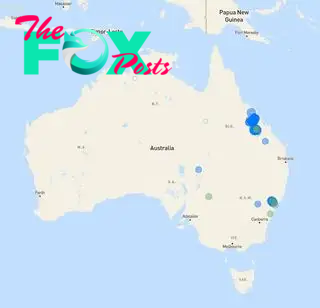 A map of Australia showing methane hotspots along the coast of Queensland, near Sydney, and north of Adelaide