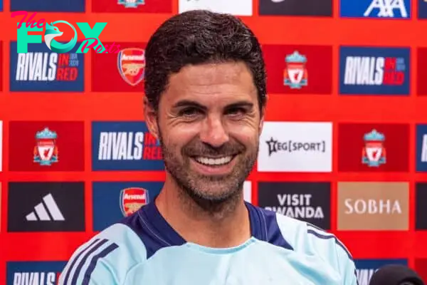 PHILADELPHIA - Monday, July 29, 2024: Arsenal's manager Mikel Arteta speaks to the media after an open training session at Philadelphia Union's Subaru Park ahead of a pre-season friendly match against Liverpool FC. (Photo by David Rawcliffe/Propaganda)