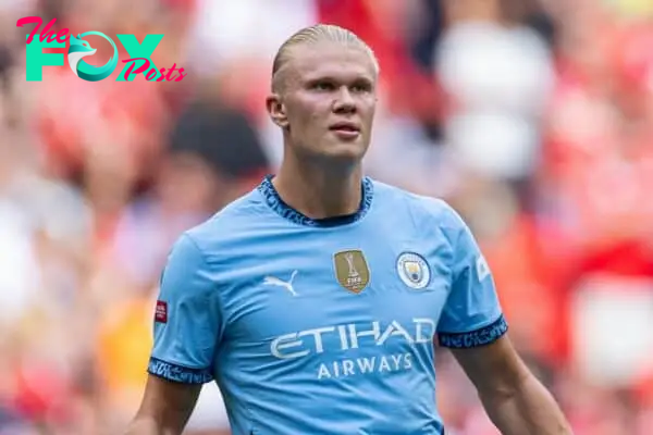 LONDON, ENGLAND - Saturday, August 10, 2024: Manchester City's Erling Haaland during the FA Community Shield match between Manchester City FC and Manchester United FC at Wembley Stadium. (Photo by David Rawcliffe/Propaganda)