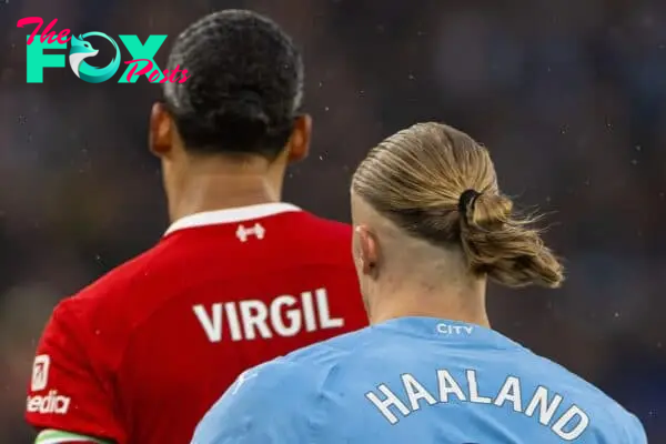 LIVERPOOL, ENGLAND - Sunday, March 10, 2024: Liverpool's captain Virgil van Dijk (L) and Manchester City's Erling Haaland during the FA Premier League match between Liverpool FC and Manchester City FC at Anfield. The game ended 1-1. (Photo by David Rawcliffe/Propaganda)