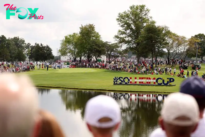 GAINESVILLE, VIRGINIA - SEPTEMBER 13: A general view of the fourth green during the first round of the Solheim Cup 2024 at Robert Trent Jones Golf Club on September 13, 2024 in Gainesville, Virginia.   Gregory Shamus/Getty Images/AFP (Photo by Gregory Shamus / GETTY IMAGES NORTH AMERICA / Getty Images via AFP)