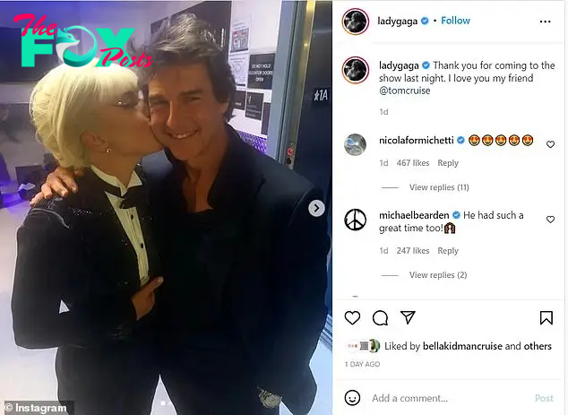 She likey: It was a rare social media sighting for the 29-year-old adopted daughter of Cruise and Nicole Kidman. Pictured: Lady Gaga and Tom Cruise