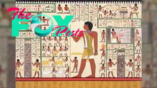 Wall Painting with Egyptian Hieroglyphics from Tomb 24, Giza. There are lots of images of people wearing wraparound white linen skirts doing various activities, such as herding cattle, carrying tools, scribing, and worshiping.