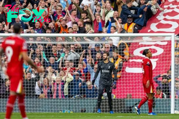 LIVERPOOL, ENGLAND - Saturday, September 14, 2024: Liverpool's goalkeeper Alisson Becker reacts as Nottingham Forest score the opening goal during the FA Premier League match between Liverpool FC and Nottingham Forest FC at Anfield. (Photo by David Rawcliffe/Propaganda)