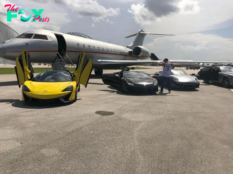 Benzema shows off fleet of super cars on an airport runway alongside a private jet