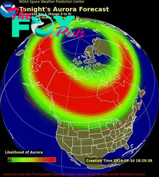 An aurora forecast showing high likelihood of auroras across Canada, the northernmost U.S., Alaska, Iceland, and Greenland