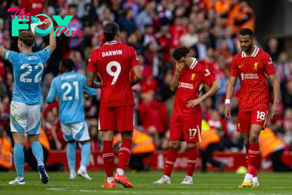 LIVERPOOL, ENGLAND - Saturday, September 14, 2024: Liverpool's Curtis Jones and Cody Gakpo look dejected at the final whistle during the FA Premier League match between Liverpool FC and Nottingham Forest FC at Anfield. Notts Forest won 1-0. (Photo by David Rawcliffe/Propaganda)