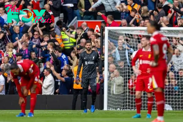 LIVERPOOL, ENGLAND - Saturday, September 14, 2024: Liverpool's goalkeeper Alisson Becker reacts as Nottingham Forest score the opening goal during the FA Premier League match between Liverpool FC and Nottingham Forest FC at Anfield. (Photo by David Rawcliffe/Propaganda)