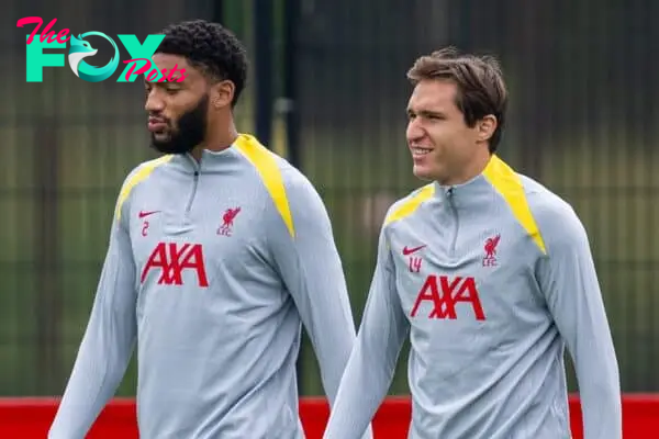 LIVERPOOL, ENGLAND - Monday, September 16, 2024: Liverpool's Joe Gomez (L) and new signing Federico Chiesa during a training session at the AXA Training Centre ahead of the UEFA Champions League match between AC Miland and Liverpool FC. (Photo by Jon Super/Propaganda)