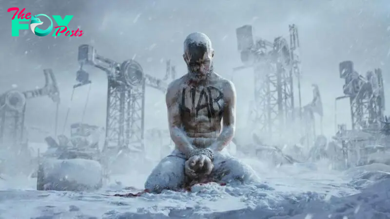 Frostpunk 2 Screenshot of Man Tied up and Left Out in Cold With Liar Written on Chest