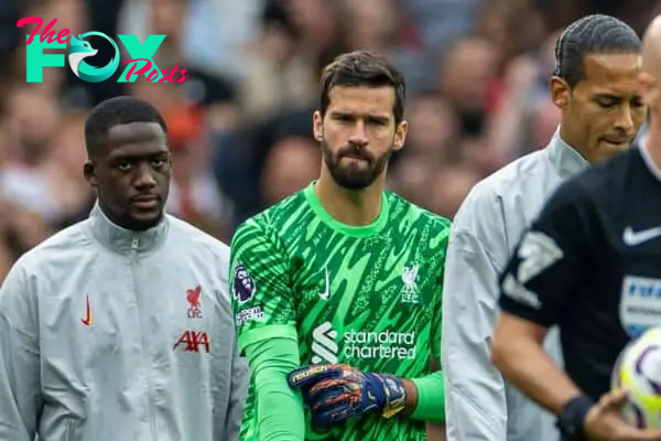 MANCHESTER, ENGLAND - Sunday, September 1, 2024: Liverpool's goalkeeper Alisson Becker walks out before the FA Premier League match between Manchester United FC and Liverpool FC at Old Trafford. Liverpool won 3-0. (Photo by David Rawcliffe/Propaganda)