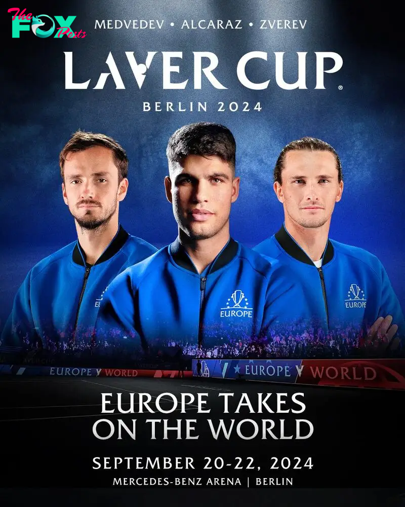 Cartel con el que la Laver Cup ha anunciado a Daniil Medvedev y Alexander Zverev junto a Carlos Alcaraz en el equipo de Europa.