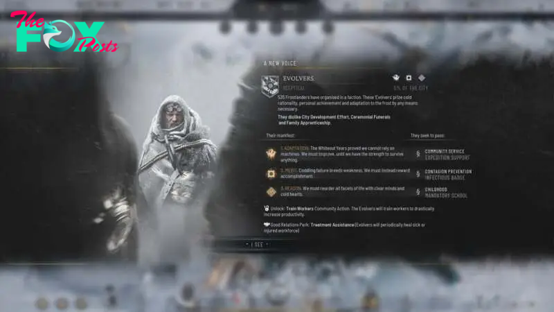 View of Evolvers Introduction Screen in Frostpunk 2