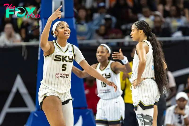 CHICAGO, ILLINOIS - AUGUST 28: Angel Reese #5 of the Chicago Sky calls for possession against the Washington Mystics during the fourth quarter at Wintrust Arena on August 28, 2024 in Chicago, Illinois.