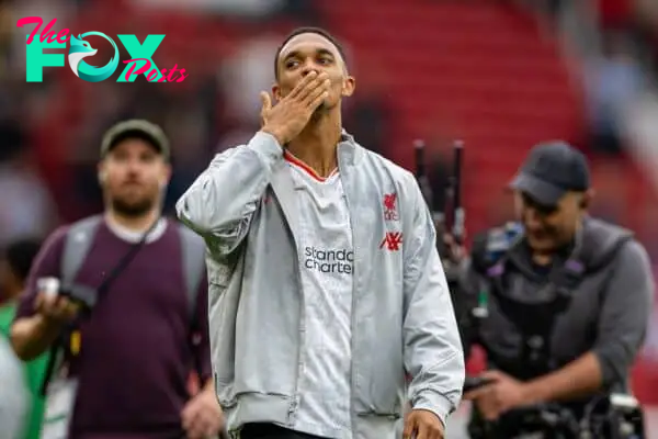 MANCHESTER, ENGLAND - Sunday, September 1, 2024: Liverpool's Trent Alexander-Arnold celebrates after the FA Premier League match between Manchester United FC and Liverpool FC at Old Trafford. Liverpool won 3-0. (Photo by David Rawcliffe/Propaganda)