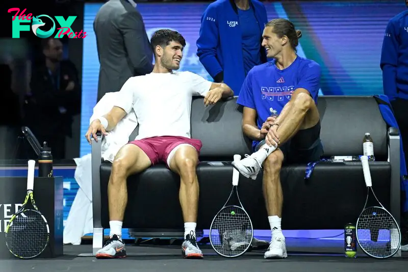 Team Europe's Carlos Alcaraz and Alexander Zverev during practice.